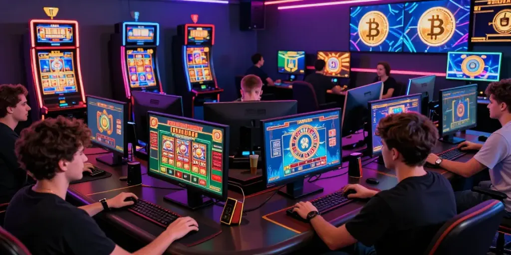 Players enjoying exciting games at a Crypto Casino with vibrant neon lights and engaging graphics.
