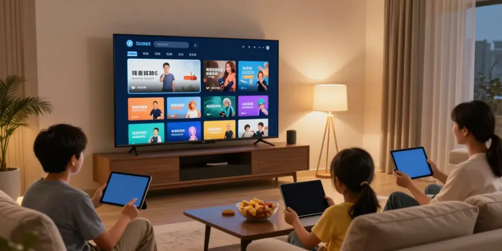 Family enjoying https://rbtv.io on multiple devices in a cozy living room.