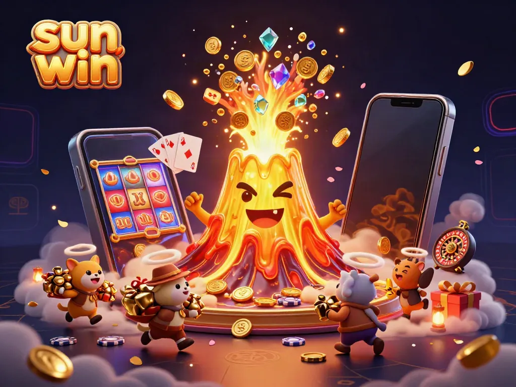 Experience the thrill of the sun win with this vibrant casino illustration featuring a golden volcano and exciting game elements.