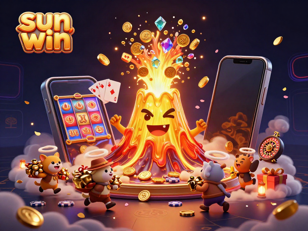 Experience the thrill of the sun win with this vibrant casino illustration featuring a golden volcano and exciting game elements.
