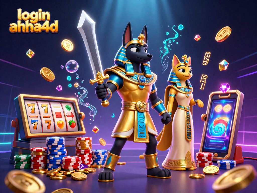Menangkan slot besar di login ahha4d dengan Anubis dan Bastet dikelilingi koin emas.