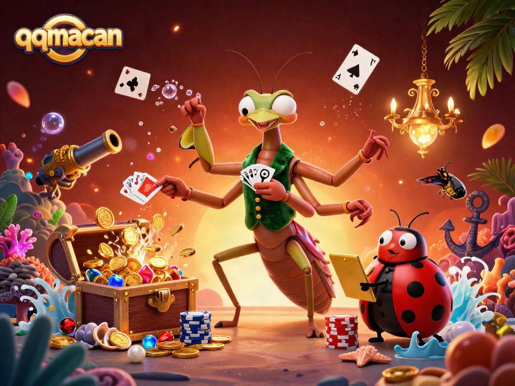 Permainan seru qqmacan dengan kartu dan koin emas, menampilkan karakter lucu di kasino online.