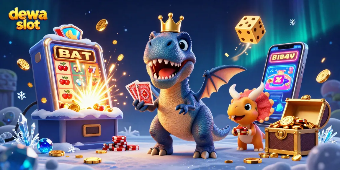 Experience excitement with dewa slot featuring a dinosaur-themed casino scene packed with fun elements.
