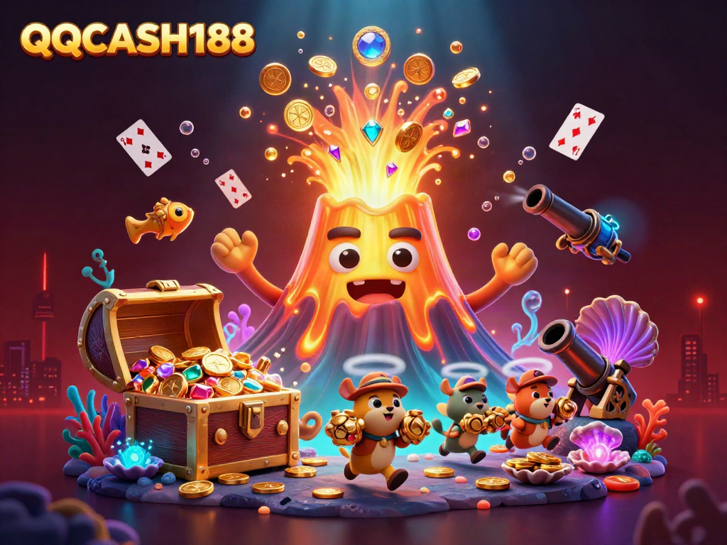Experience thrilling wins at QQCASH188 with a captivating 3D volcanic eruption surrounded by treasure.