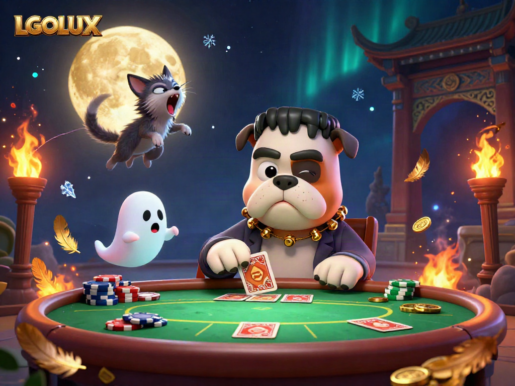 Experience thrilling games at LGOLUX with a 3D cartoon Frankenstein bulldog dealing poker cards, enveloped by gold coins and ghostly elements.