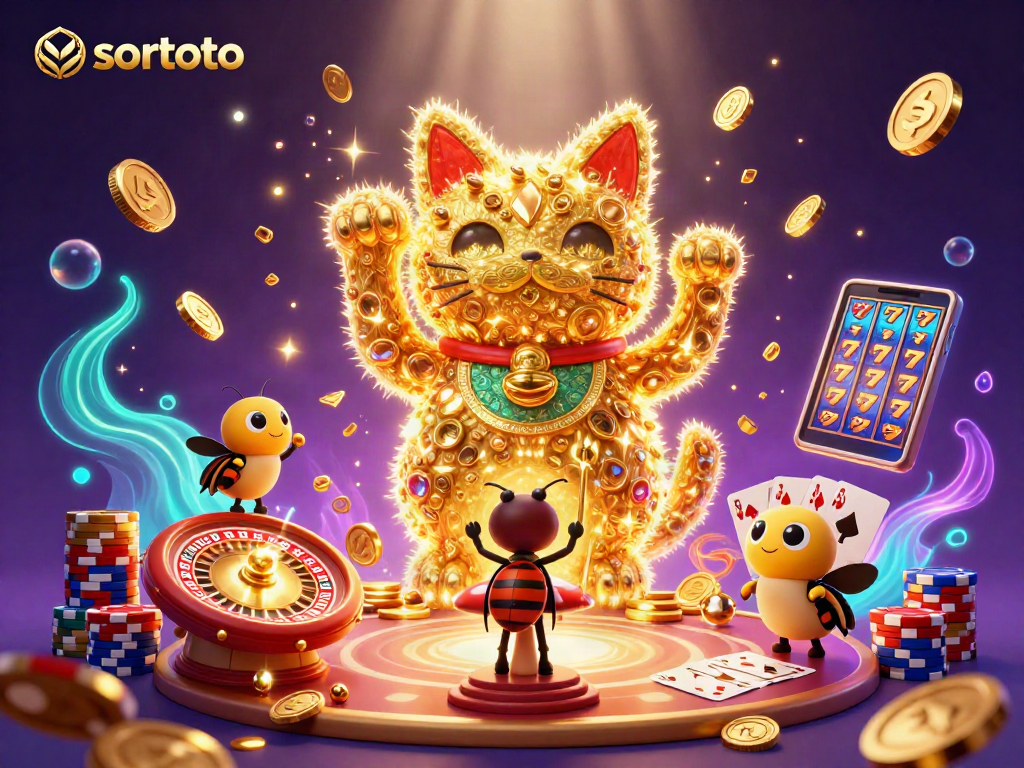 Sortoto menghadirkan ilustrasi kucing keberuntungan raksasa yang dikelilingi simbol kasino.