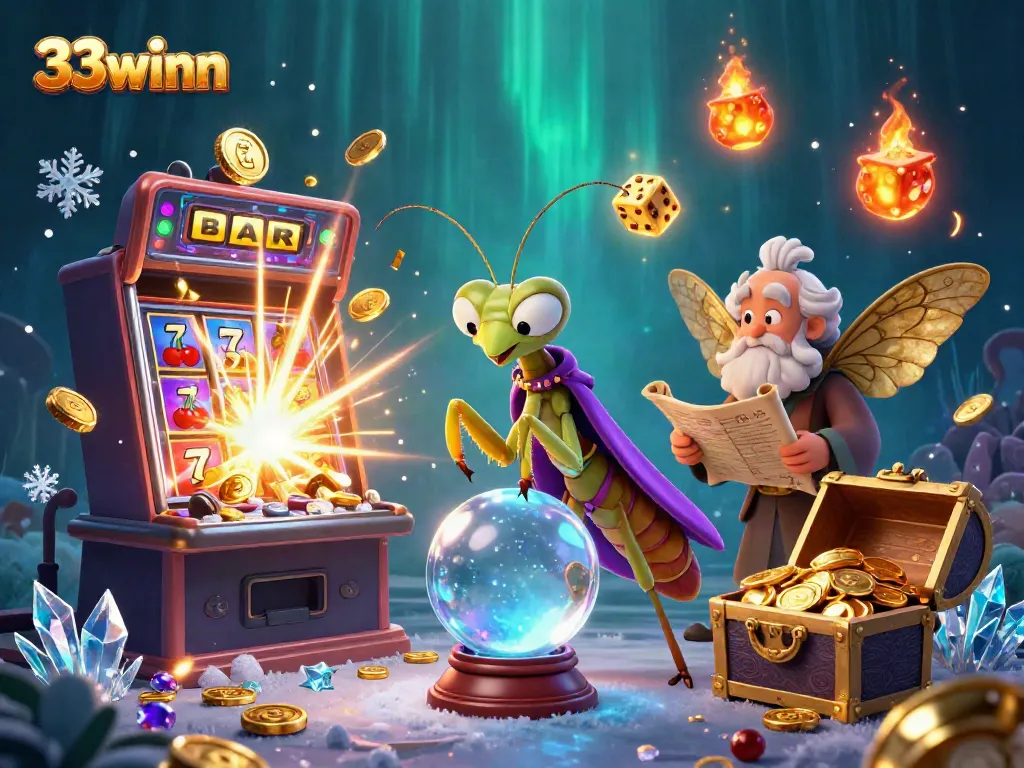 Engage with the magical world of 33winn, featuring vibrant casino elements and whimsical characters.