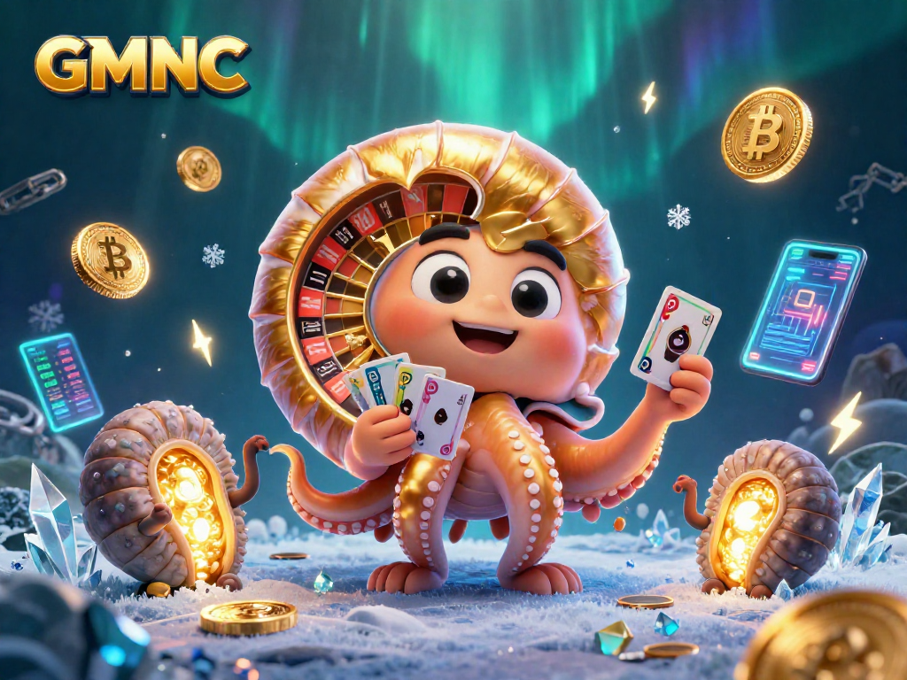 Engage with GMNC in this vibrant 3D casino scene showcasing crypto elements and classic gaming.