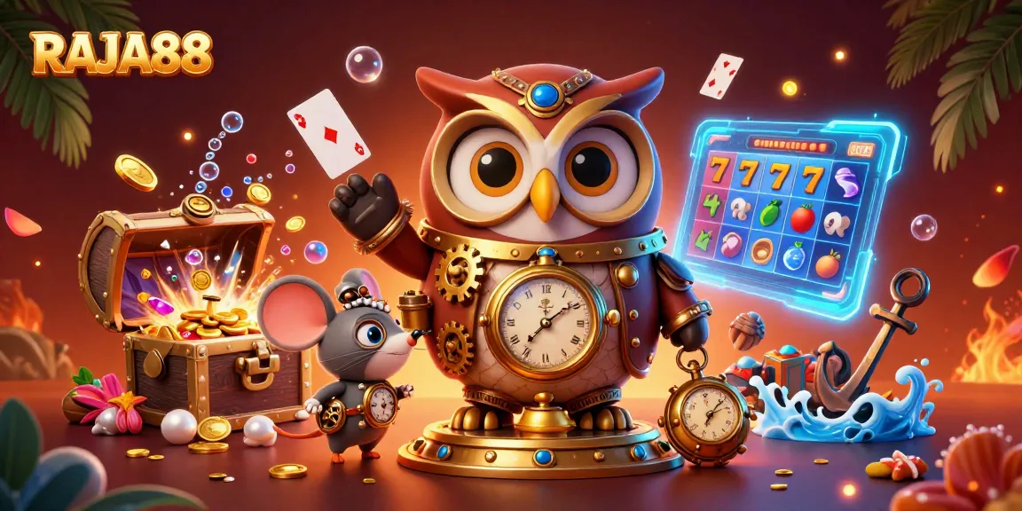Slot terbaru RAJA88 dengan karakter kartun waktu, harta karun, dan simbol mesin slot.