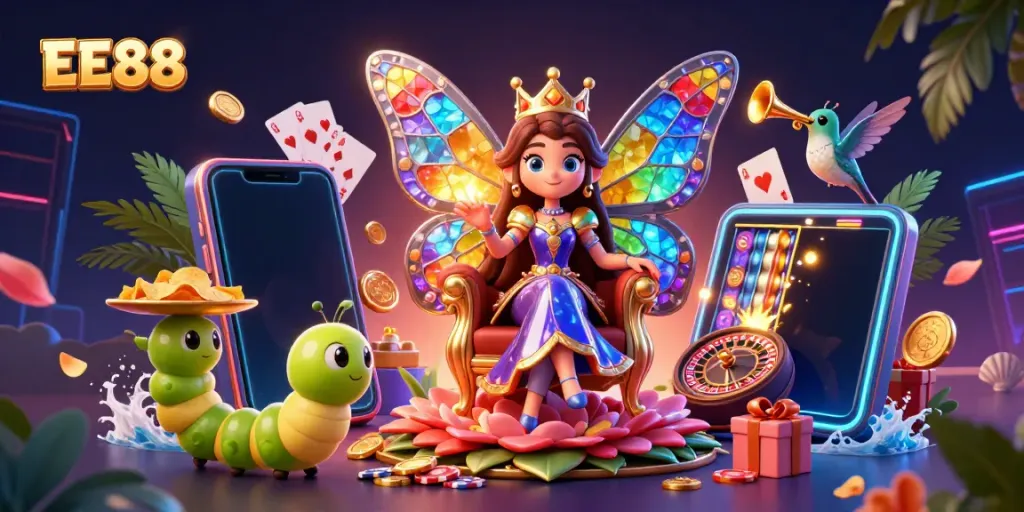 Engage in thrilling casino experiences with EE88’s vibrant and dynamic illustration featuring a butterfly queen and exciting game elements.