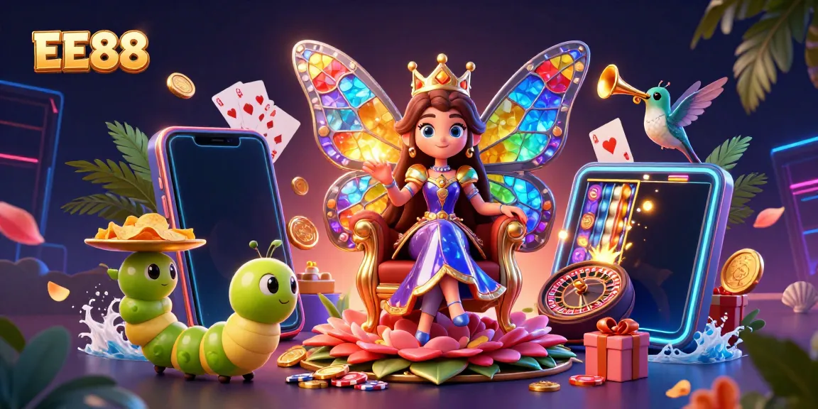 Engage in thrilling casino experiences with EE88’s vibrant and dynamic illustration featuring a butterfly queen and exciting game elements.