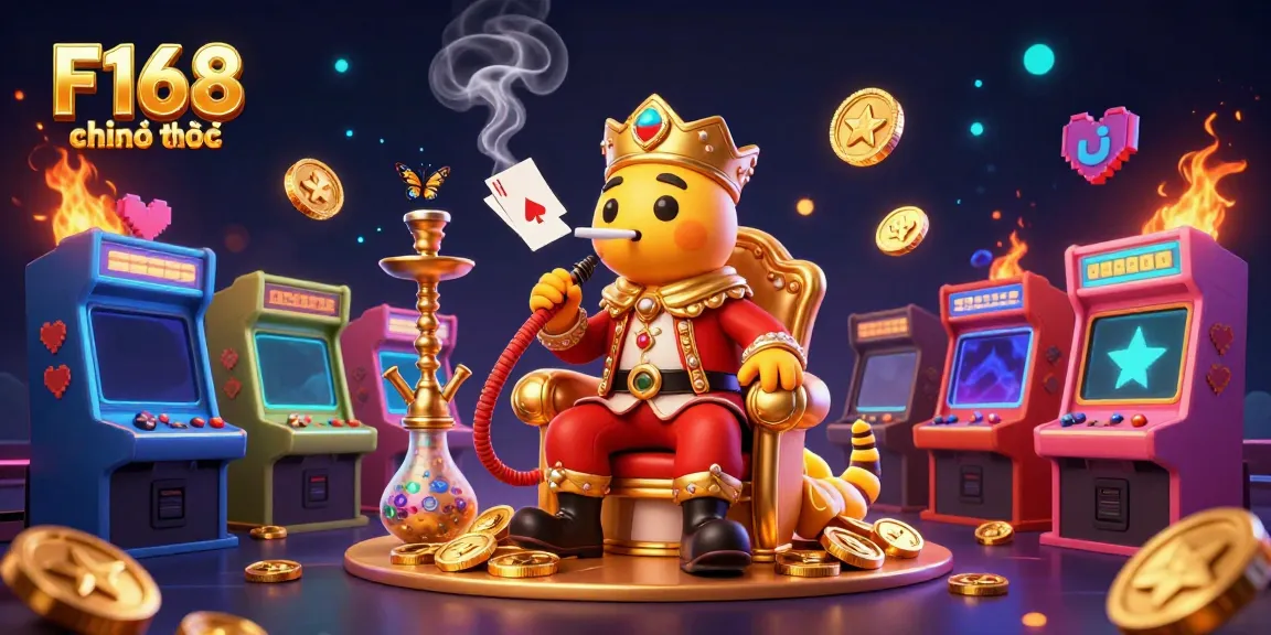 Experience the excitement of F168 chính thức with a dynamic casino-themed 3D illustration showcasing colorful gaming elements.