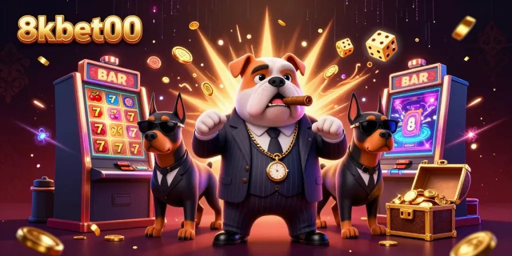 Experience the excitement with 8xbet00's mafia-themed casino scene featuring hit characters and action elements.