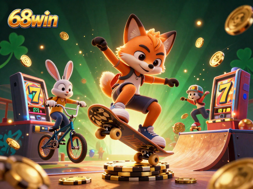 Experience thrilling gameplay with 68win featuring a skateboarder fox and BMX rabbit in a vibrant casino scene.