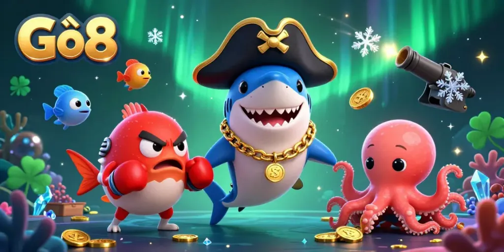 Engage in thrilling fishing games with Gô8 in a vibrant 3D illustration filled with action and excitement.