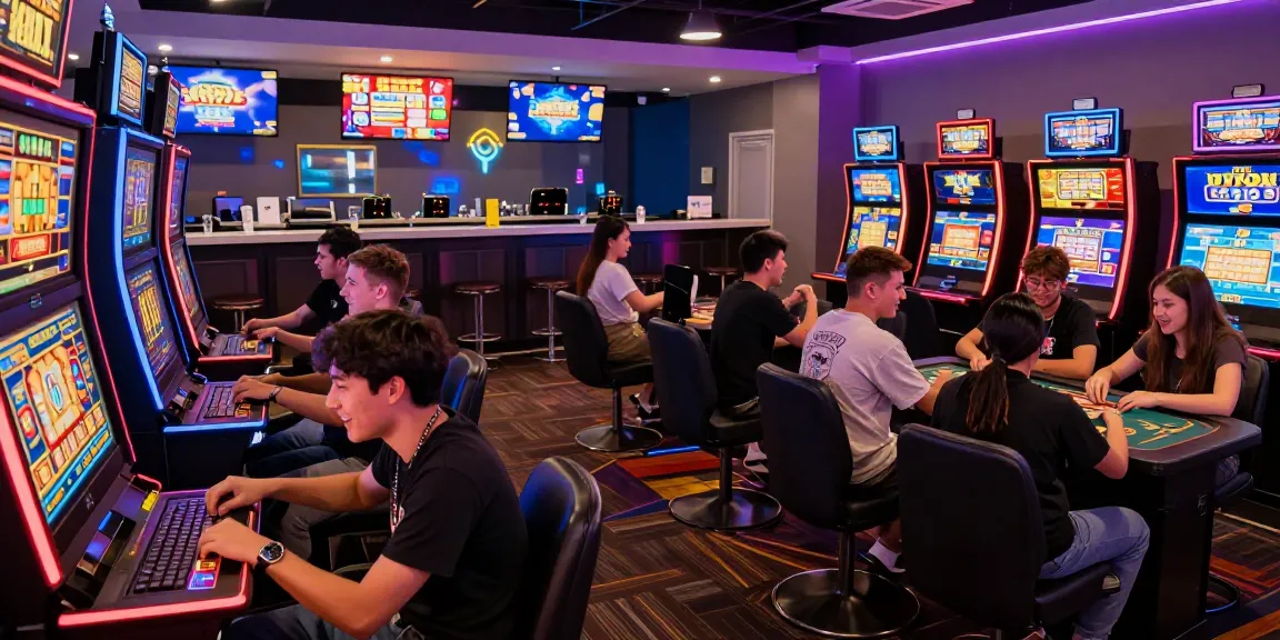 Engaged players enjoying bandar slot games in a vibrant gaming lounge atmosphere
