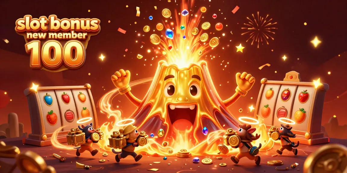 Spin to win with the slot bonus new member 100 showcasing vibrant casino elements and triumphant characters.