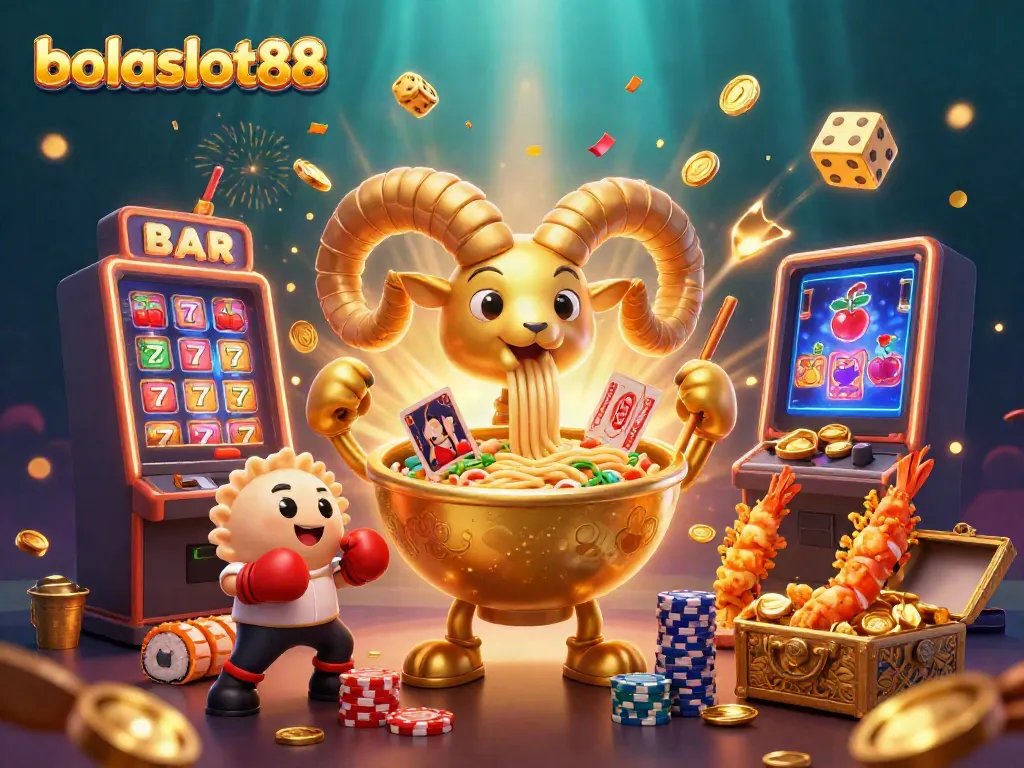 Experience the vibrant energy of bolaslot88 with a dynamic casino-themed illustration featuring a golden ramen bowl and lively game elements.