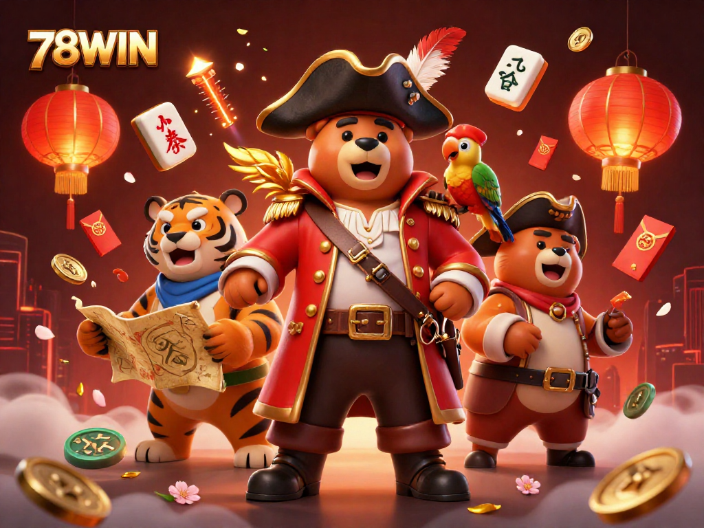 Experience thrilling wins with 78WIN's vibrant casino adventure featuring pirate bear and tiger!