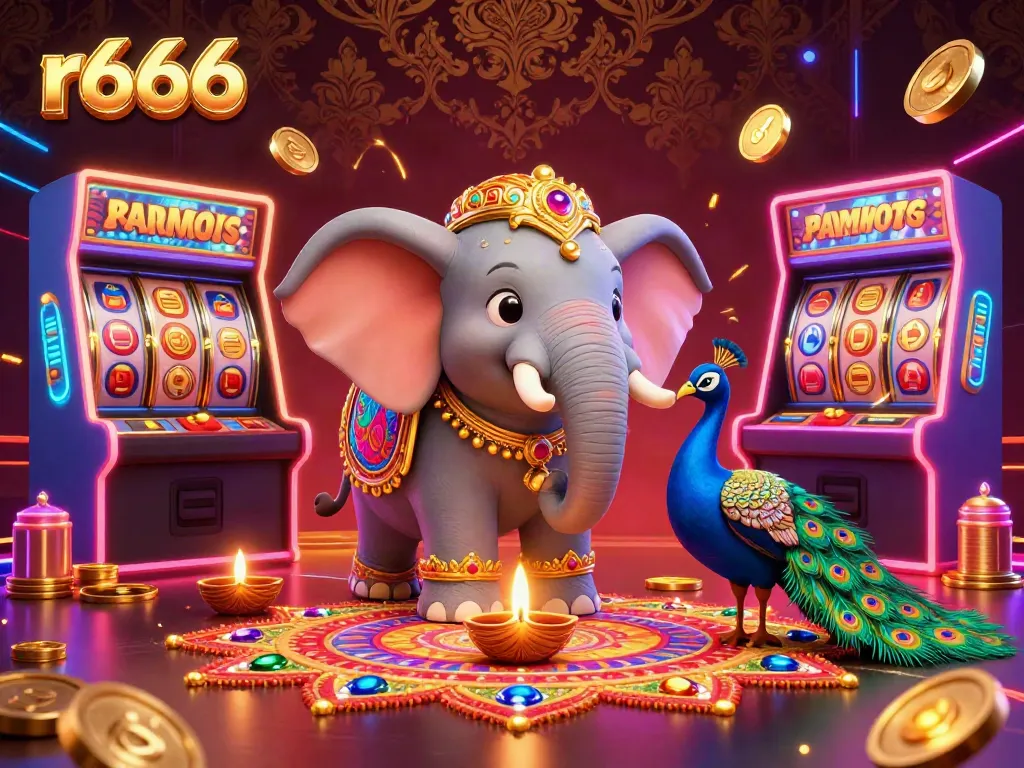 Engage in vibrant casino excitement with r666, featuring colorful slot reels, an elephant, and arcade games.