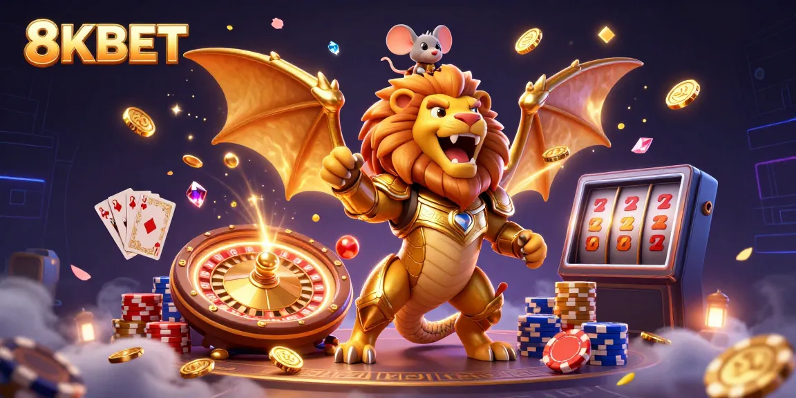 8KBET features a golden armored chimera with a mouse jockey amidst dazzling casino elements and coins.