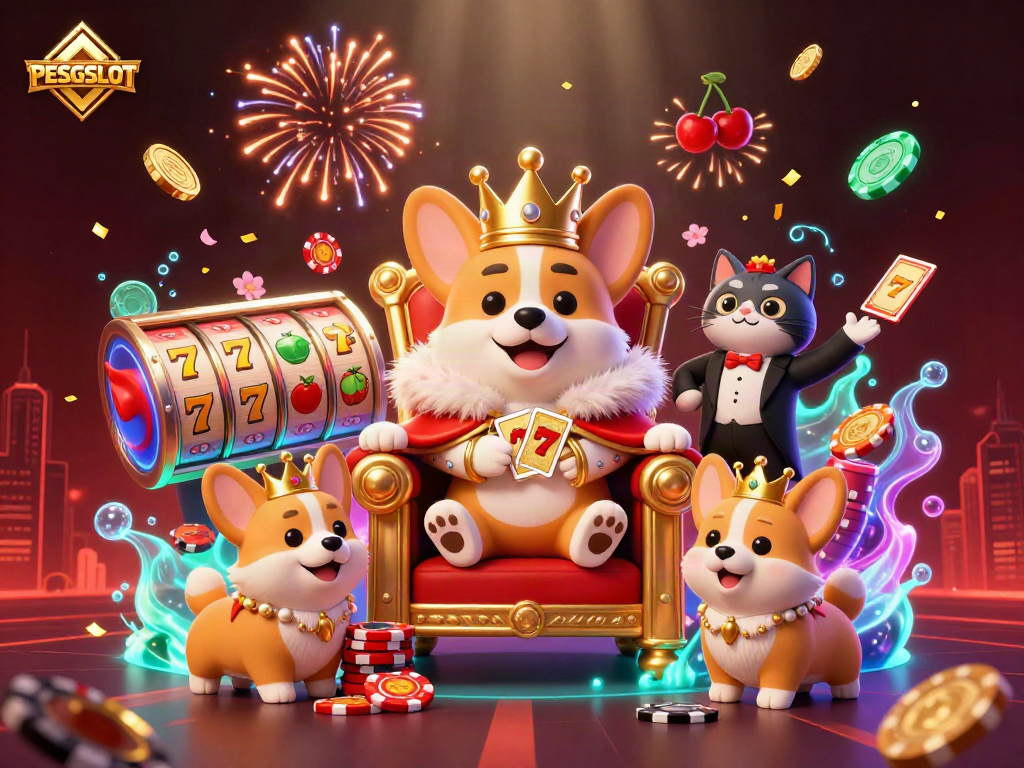 PESGSLOT brings you an animated scene of a royal corgi and companions celebrating a jackpot in a vibrant casino.