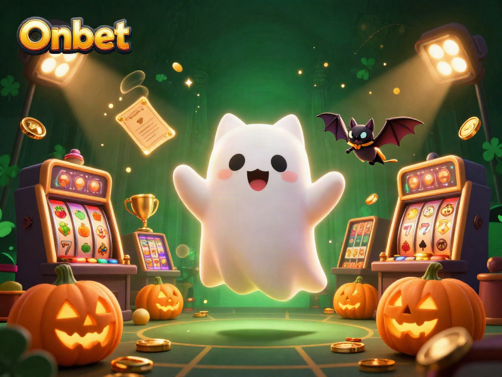 Join the thrilling adventure of Onbet with a friendly ghost cat, vibrant casino elements, and Jack-o-lanterns.