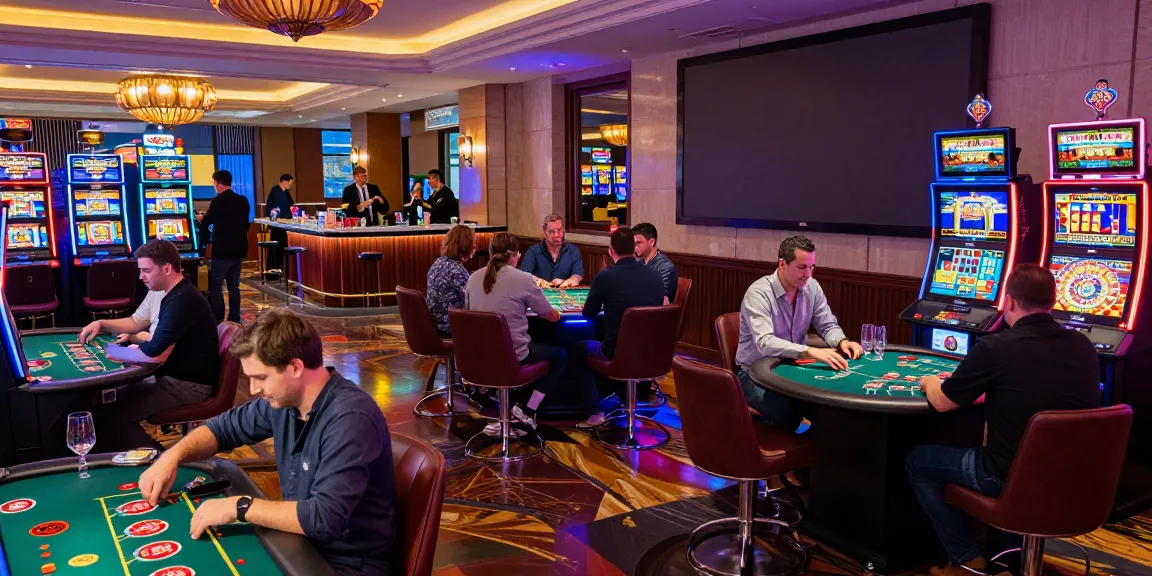 Casino News highlights lively gambling scene in Austria, showcasing players at slot machines and poker tables.