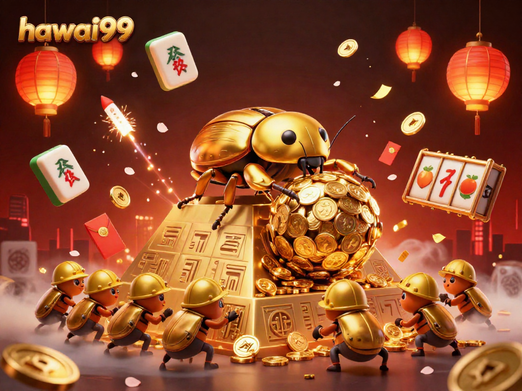 Experience the thrill of hawai99 casino with golden beetles and slot machine symbols in a vibrant scene.