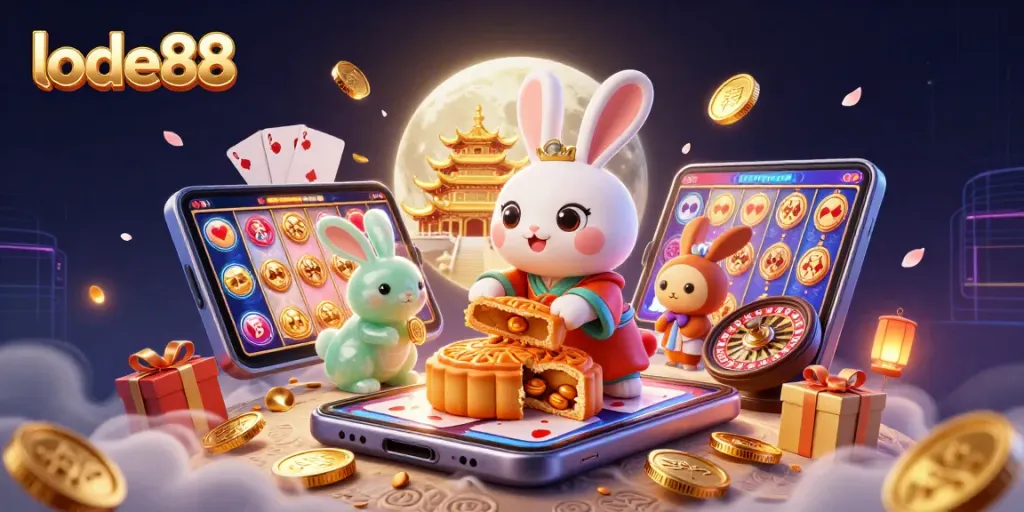 Engage with lode88 through thrilling gameplay featuring a moon rabbit, poker chips, and vibrant casino elements.