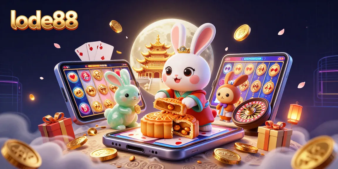 Engage with lode88 through thrilling gameplay featuring a moon rabbit, poker chips, and vibrant casino elements.