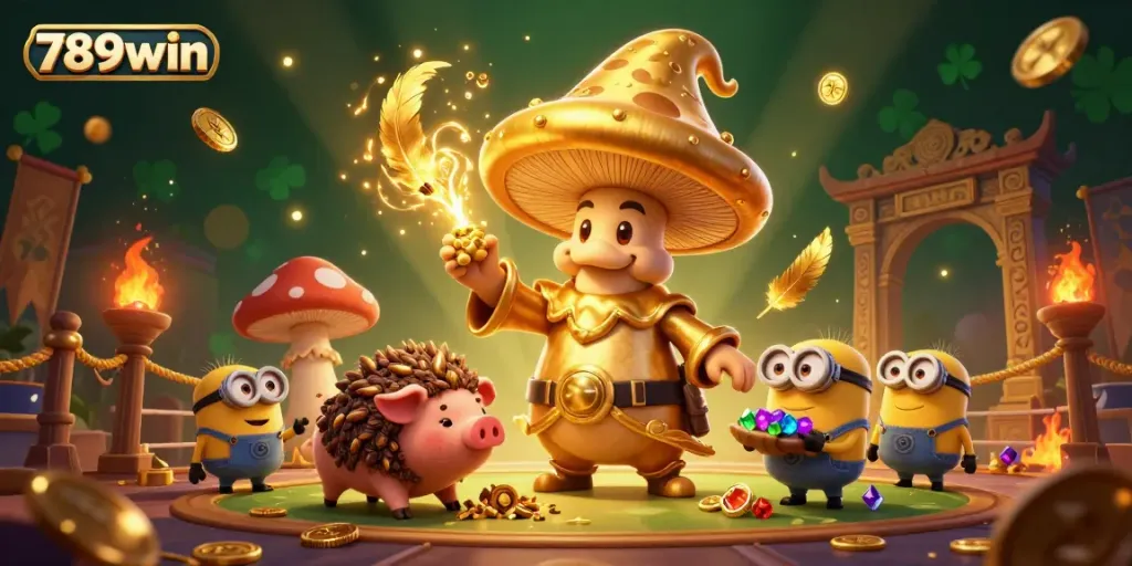 Engage in thrilling games at 789win with golden wizard and treasure-seeking pig.