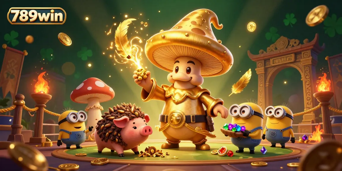 Engage in thrilling games at 789win with golden wizard and treasure-seeking pig.