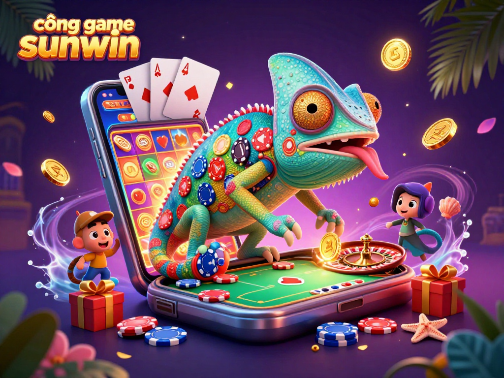 Experience the excitement of cổng game sunwin with a vibrant casino scene featuring a dynamic chameleon and thrilling games.