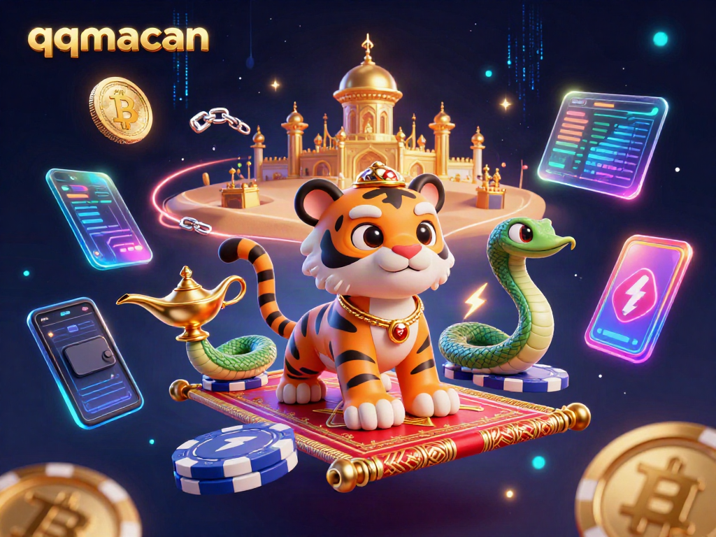 Engage with qqmacan's vibrant 3D cartoon casino adventure featuring crypto elements and a magical sultan.