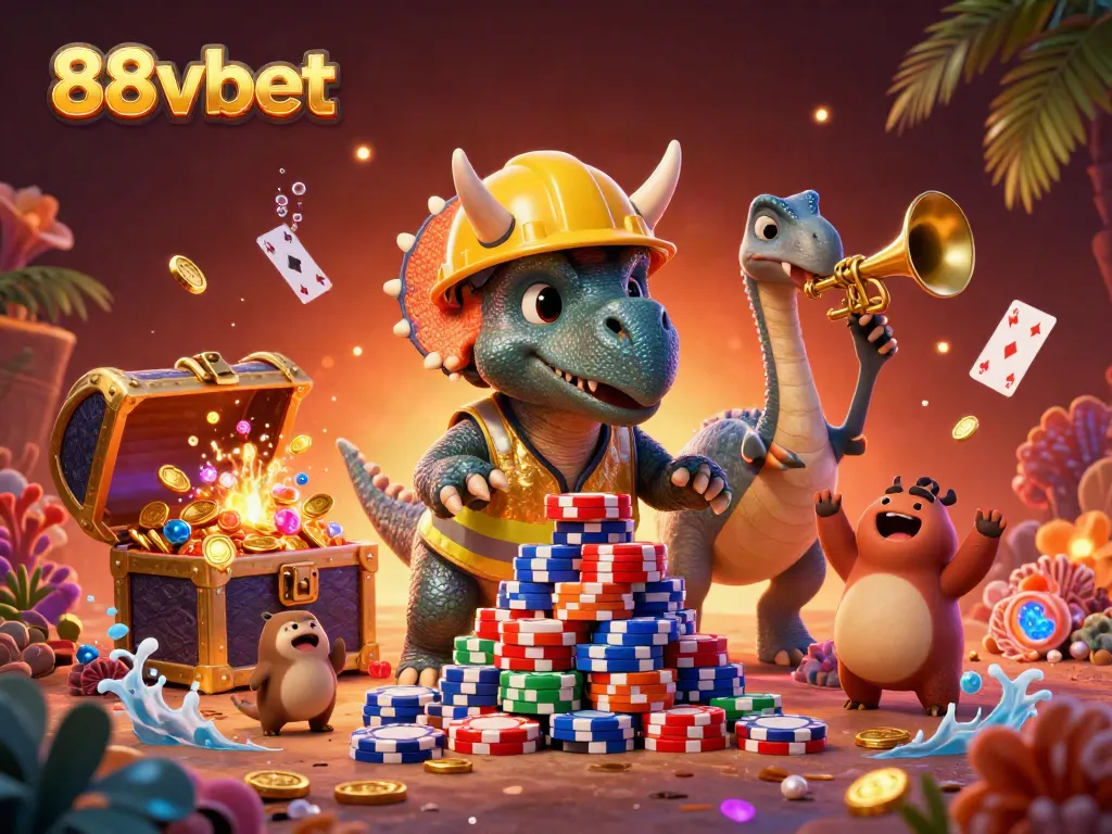Engage with thrilling 88vbet gaming excitement featuring 3D cartoon characters in a lively casino setting.