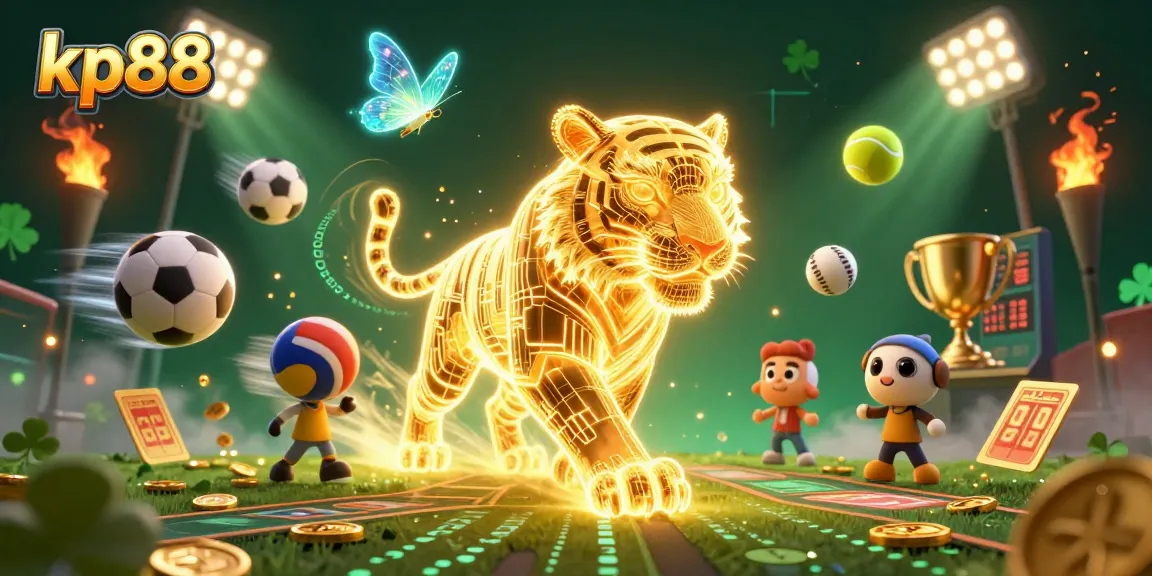 Experience exciting gameplay with kp88 in a vibrant digital casino environment featuring a golden tiger and sports elements.