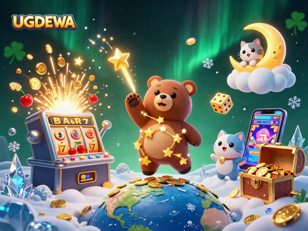 Score big with UGDEWA as a golden constellation bear drops coins in a vibrant casino.