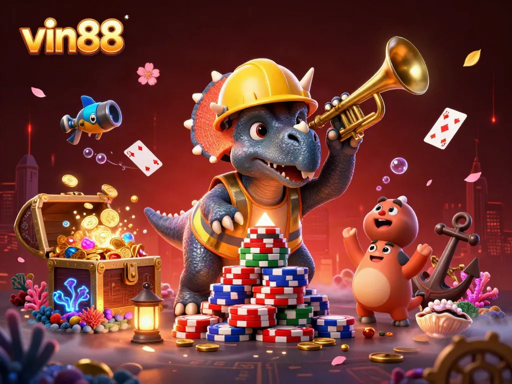 Celebrate jackpots with vin88's vibrant 3D casino scene featuring exciting gaming elements.