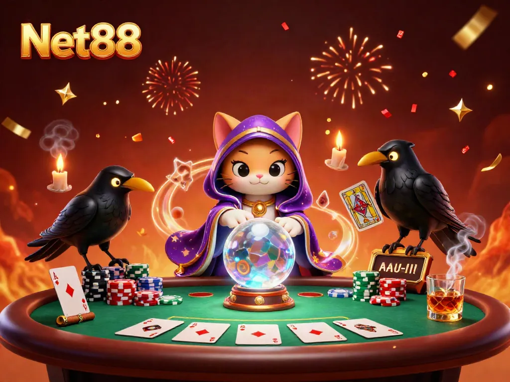 Experience thrilling gaming action at Net88 with a mystical 3D scene showcasing fortune tellers and poker elements.