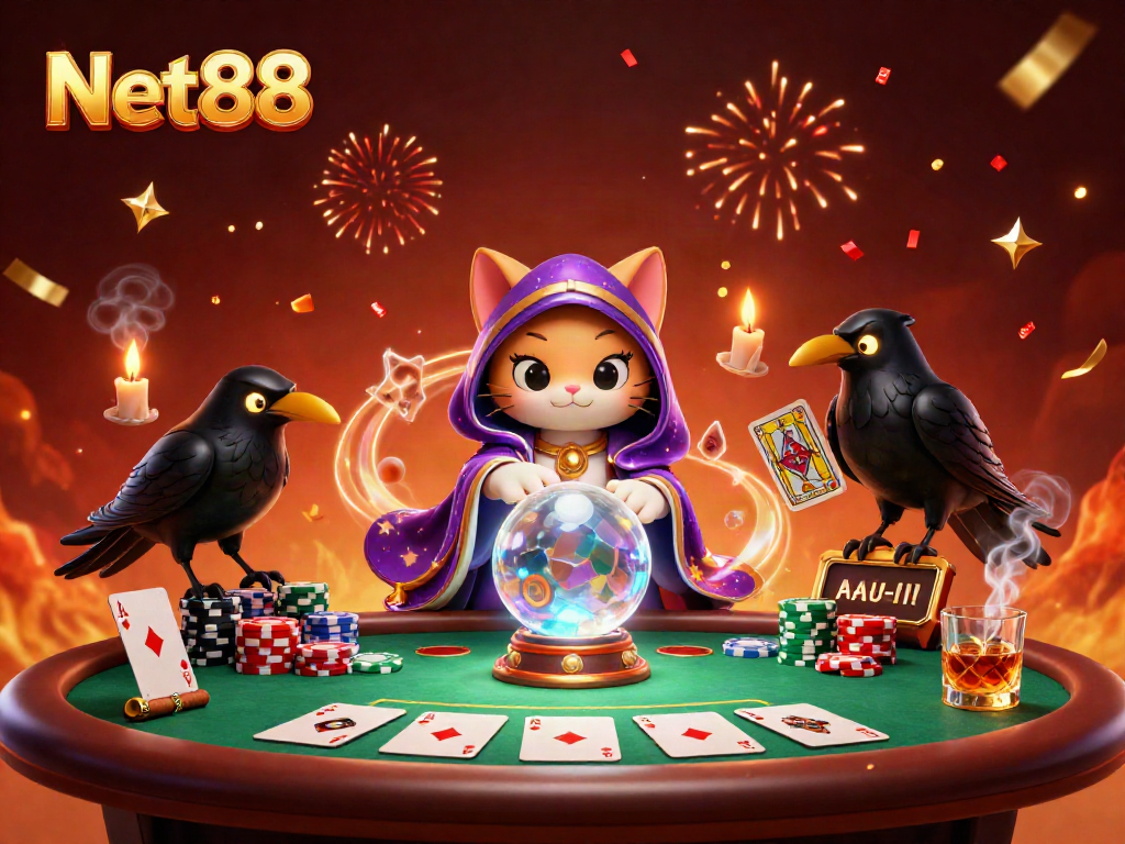 Experience thrilling gaming action at Net88 with a mystical 3D scene showcasing fortune tellers and poker elements.