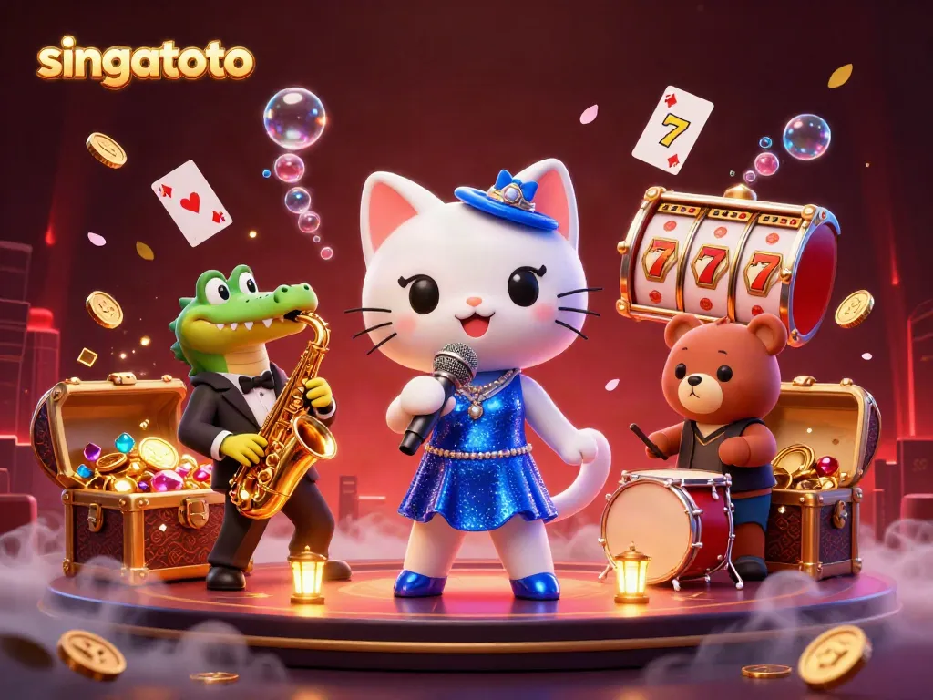 Engage in the vibrant entertainment scene at Singatoto with a jazzy trio performing on stage amidst dynamic slot game elements.