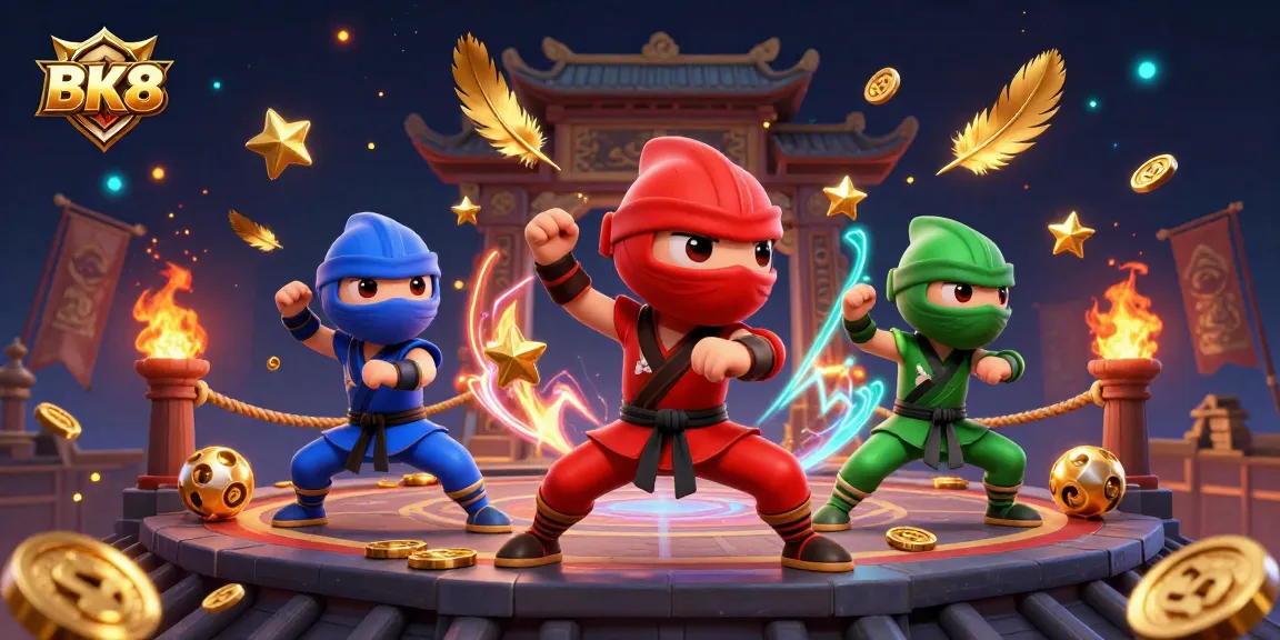 Experience the action at BK8, where vibrant chameleon ninjas engage in thrilling combat amid golden tokens and eye-catching casino elements.