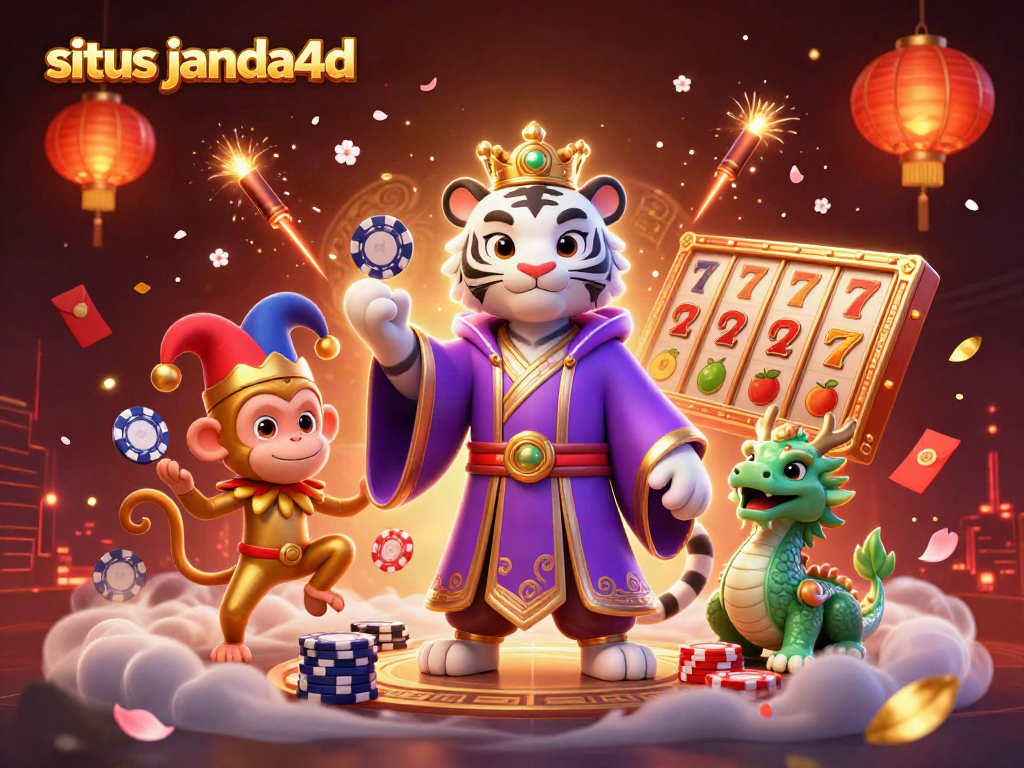 Visualisasikan situs janda4d dengan singa putih, monyet emas, dan elemen slot yang meriah.