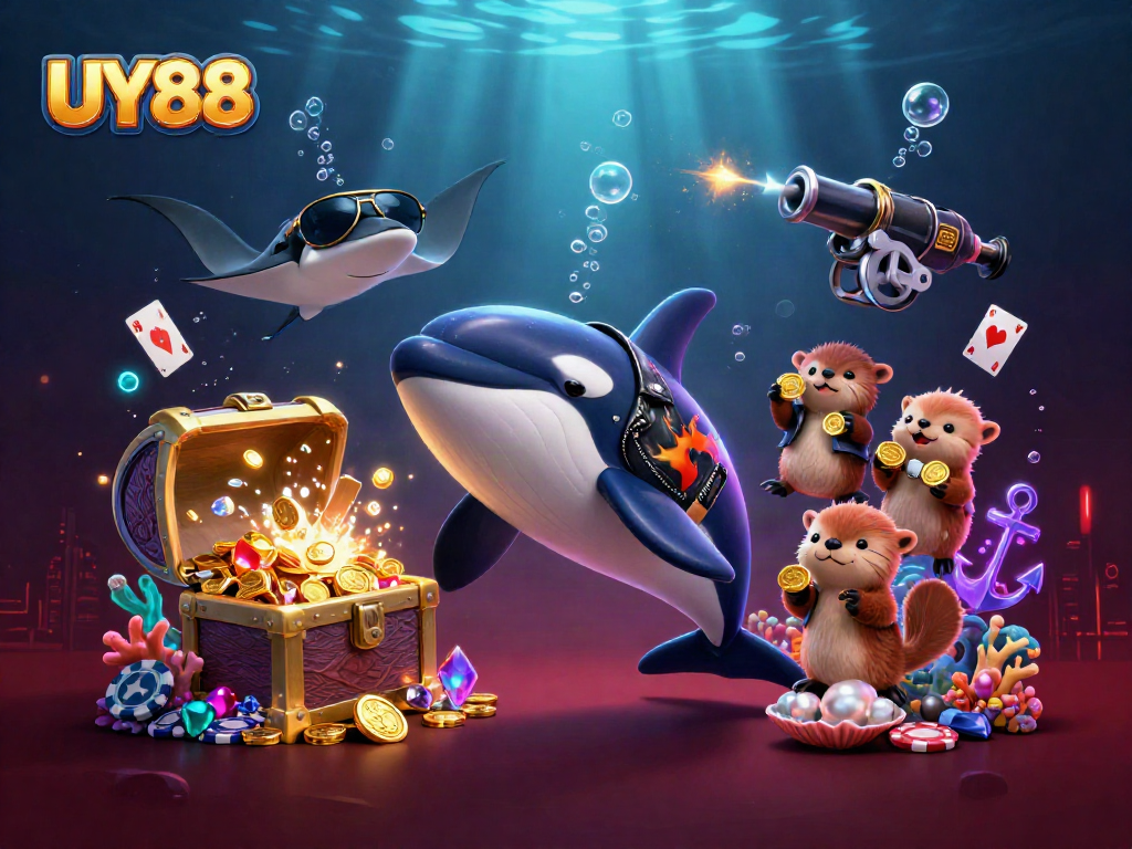 Experience the thrill of UY88 with an orca, stingray, and otters in a vibrant casino-themed underwater scene.