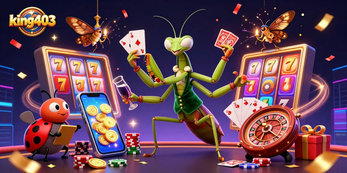 king403 showcases a vibrant casino scene with cartoon characters engaging in card games and slot machines.
