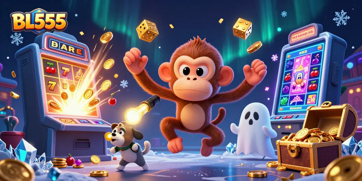 Experience the thrilling atmosphere of BL555 with a playful monkey and curious puppy in a vibrant casino setting.