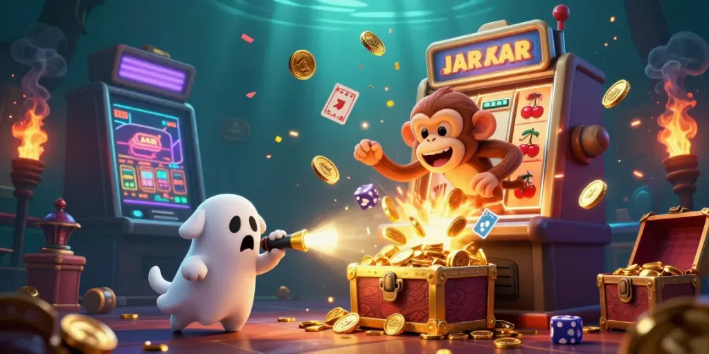 Experience the thrill of lucky rollers at this vibrant crypto casino illustration, featuring a playful poltergeist monkey and curious puppy.