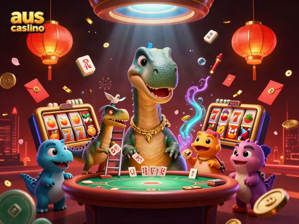 Experience the thrill of aus online casino with a vibrant scene featuring whimsical dinosaur characters and gaming elements.