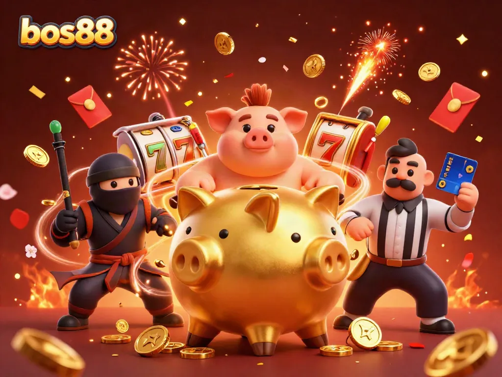 Experience thrilling gameplay at bos88 with dynamic slot gaming surrounded by golden coins and festive fireworks.